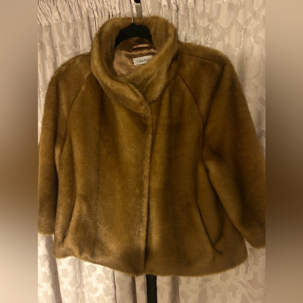 Calvin Klein faux fur waist length jacket with jewel length sleeves